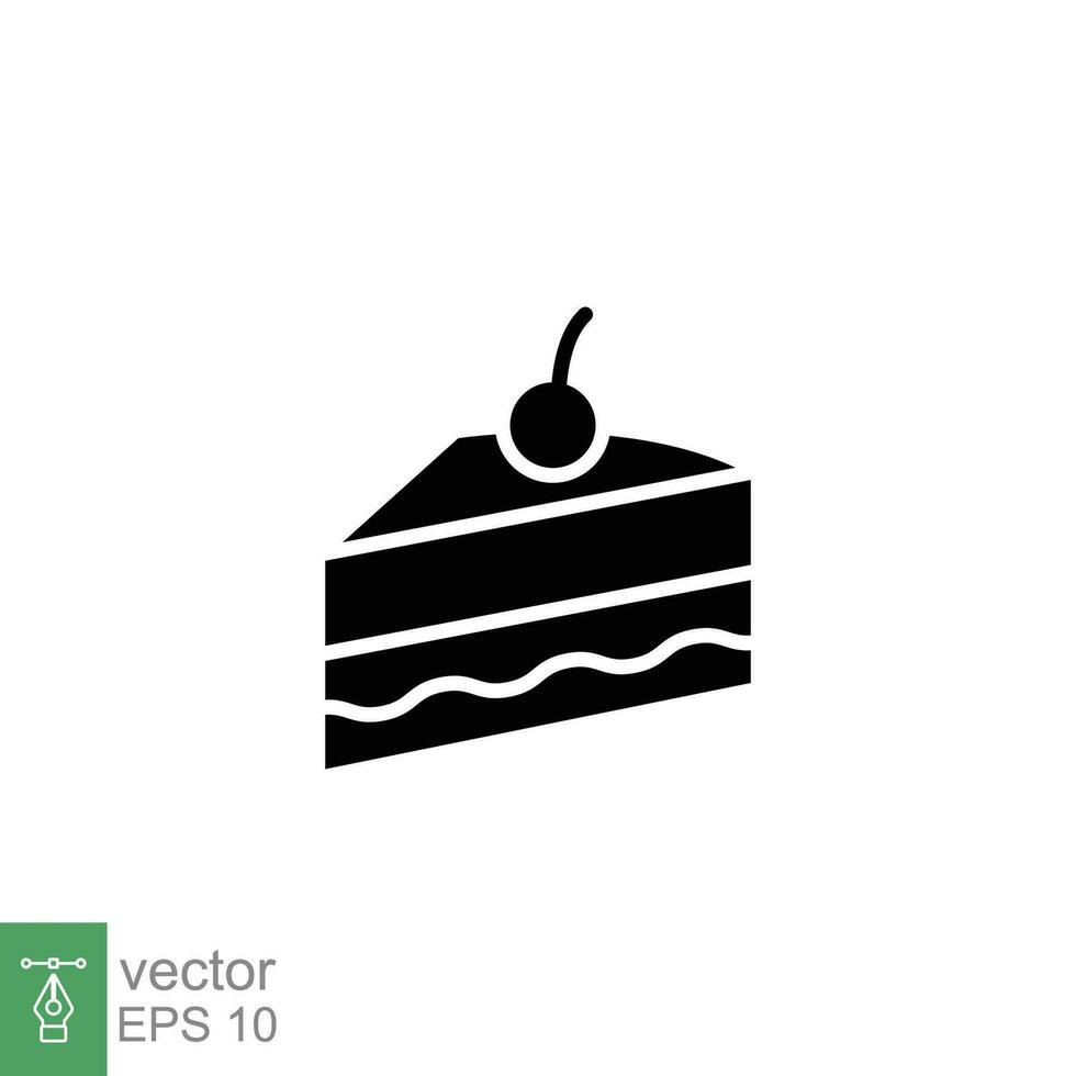 Piece of cake icon. Simple solid style. Chocolate cake slice, cheesecake, cherry, pie, bakery, food concept. Black silhouette, glyph symbol. Vector illustration isolated on white background. EPS 10.