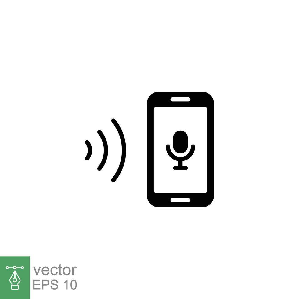 Voice recognition icon. Simple solid style. Speak control, mobile phone with sound wave, smart device concept. Black silhouette, glyph symbol. Vector illustration isolated on white background. EPS 10.