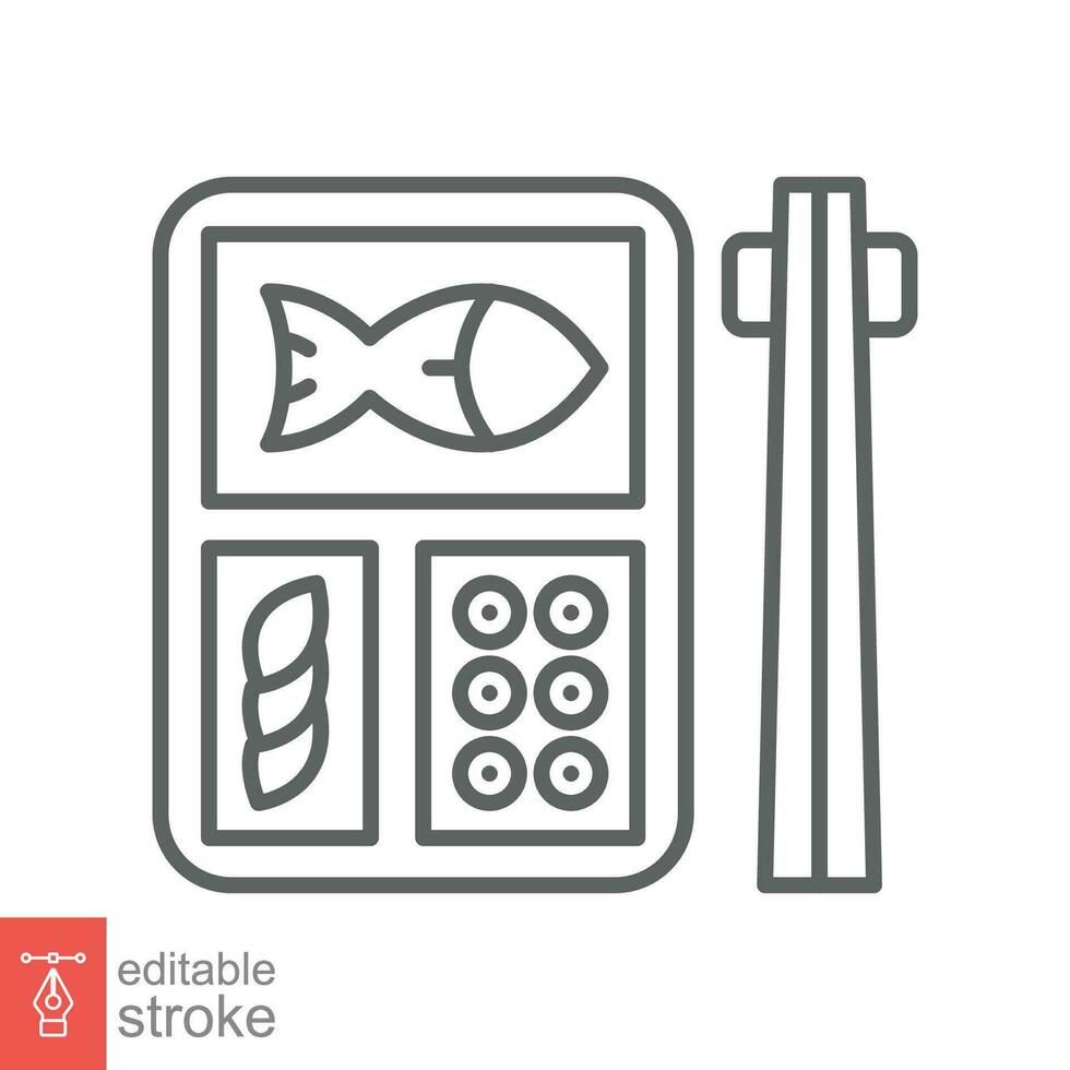 Bento icon. Simple outline style. Japanese lunchbox, chopsticks, fish, japan restaurant, asian food concept. Thin line symbol. Vector illustration isolated on white background. Editable stroke EPS 10.