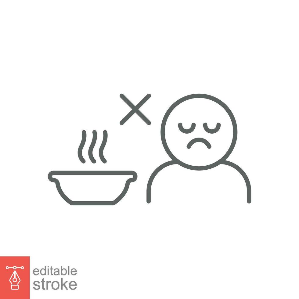 Loss of appetite icon. Simple outline style. Man, food lack, plate, meal, diet, health, medical concept. Thin line symbol. Vector illustration isolated on white background. Editable stroke EPS 10.