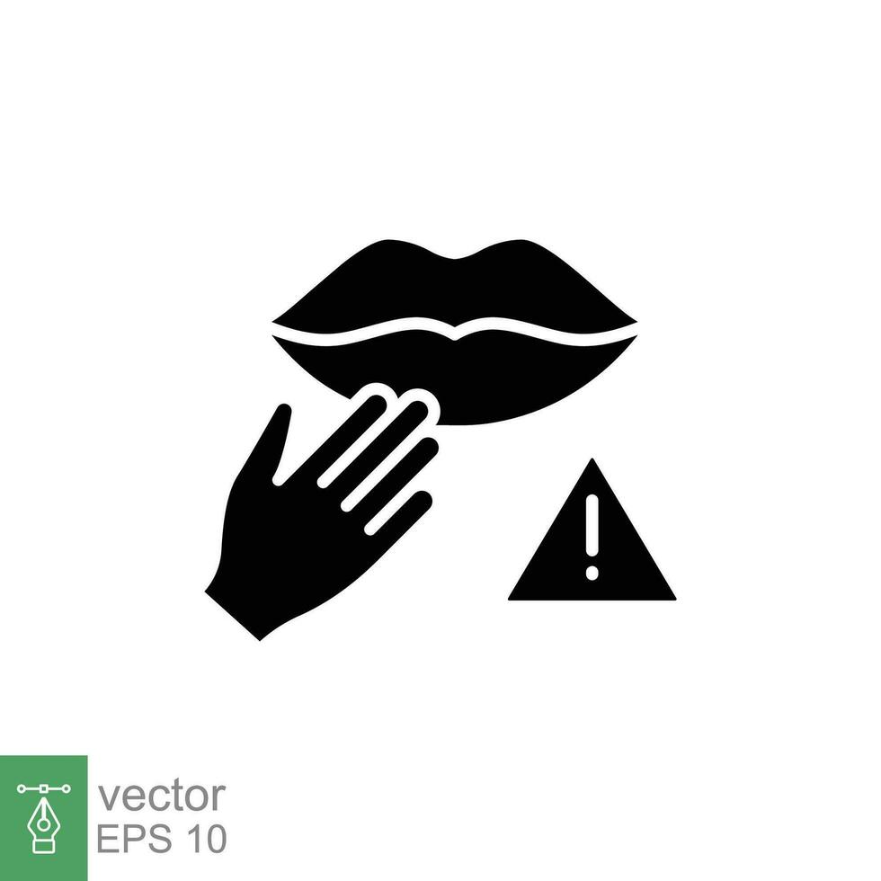 Do not touch mouth icon. Simple solid style. Avoid touching face, forbidden, hand, hygiene, safety concept. Black silhouette, glyph symbol. Vector illustration isolated on white background. EPS 10.