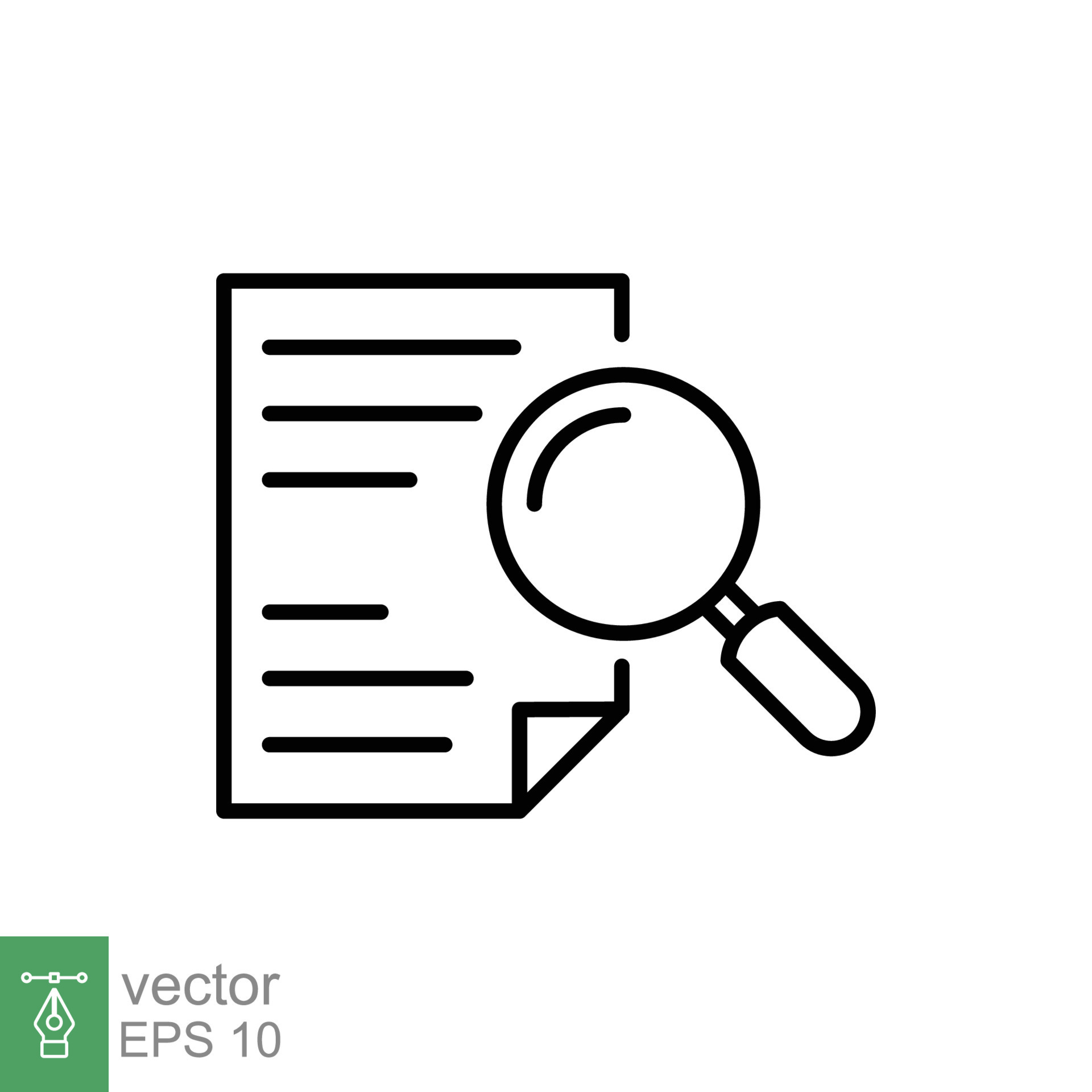 Search result icon. Research report analyse line sign. Analytics case study  outline vector symbol with magnify glass. Isolated black thin icon for  document review. suitable for app or web ui design. Stock