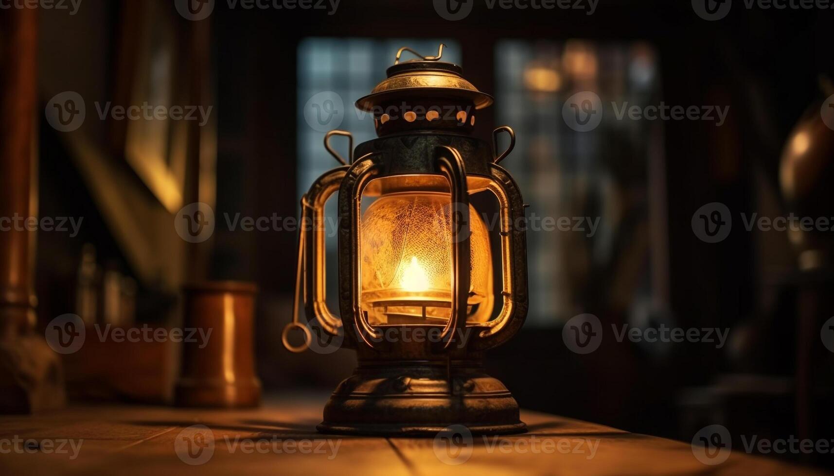 An old fashioned kerosene lantern glows in darkness generated by AI photo