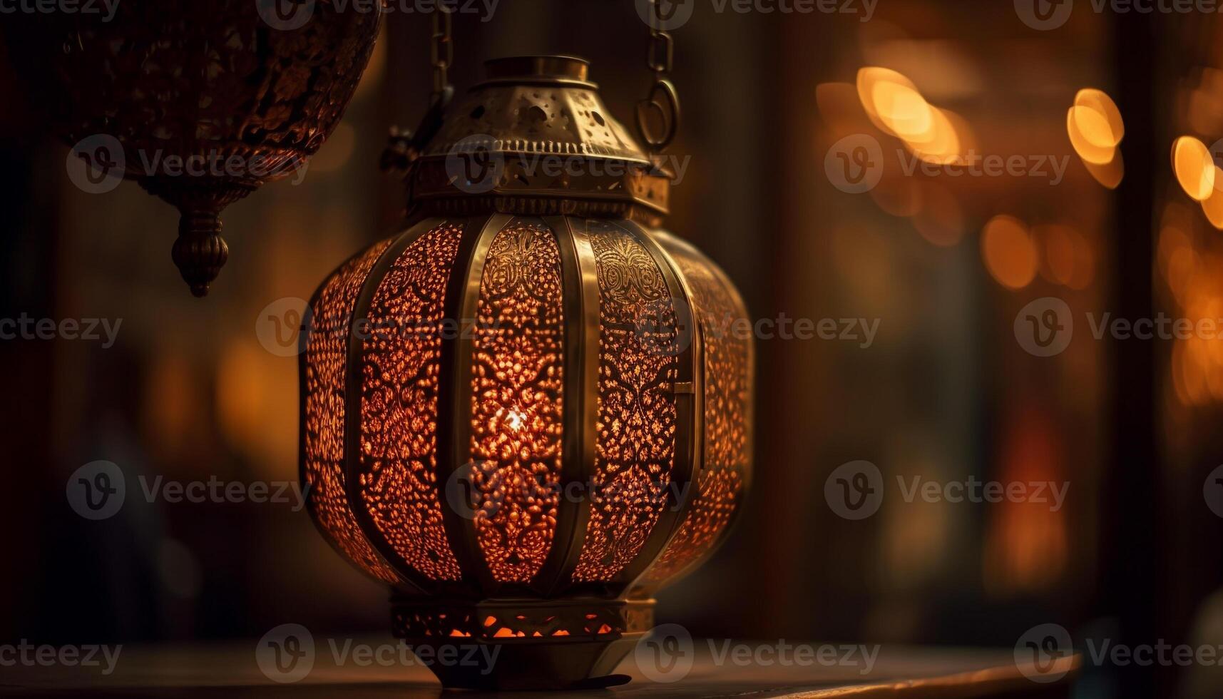 Glowing old fashioned lantern illuminates elegant Ramadan decor generated by AI photo