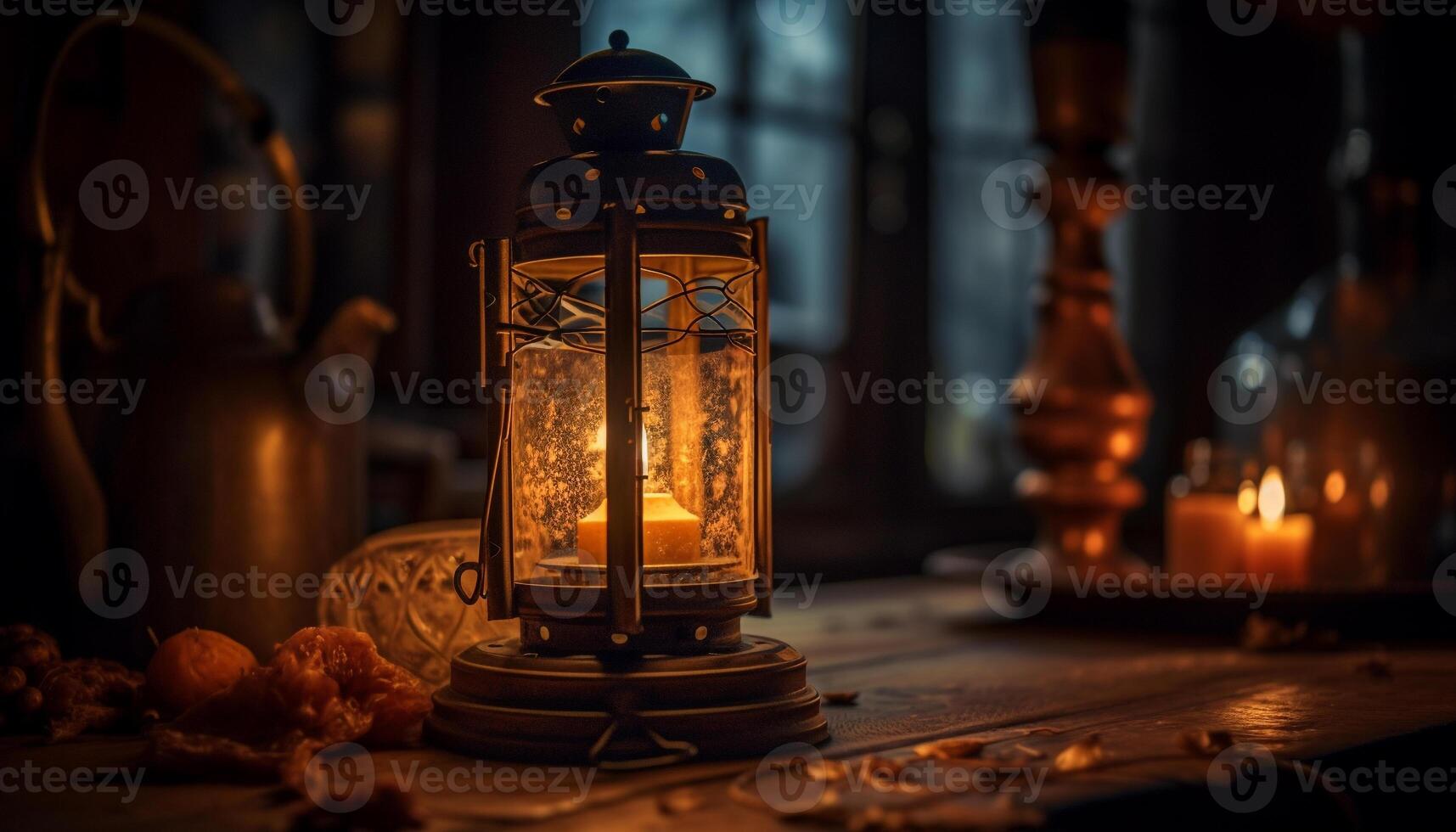 Antique candlestick illuminates rustic winter table decor generated by AI photo