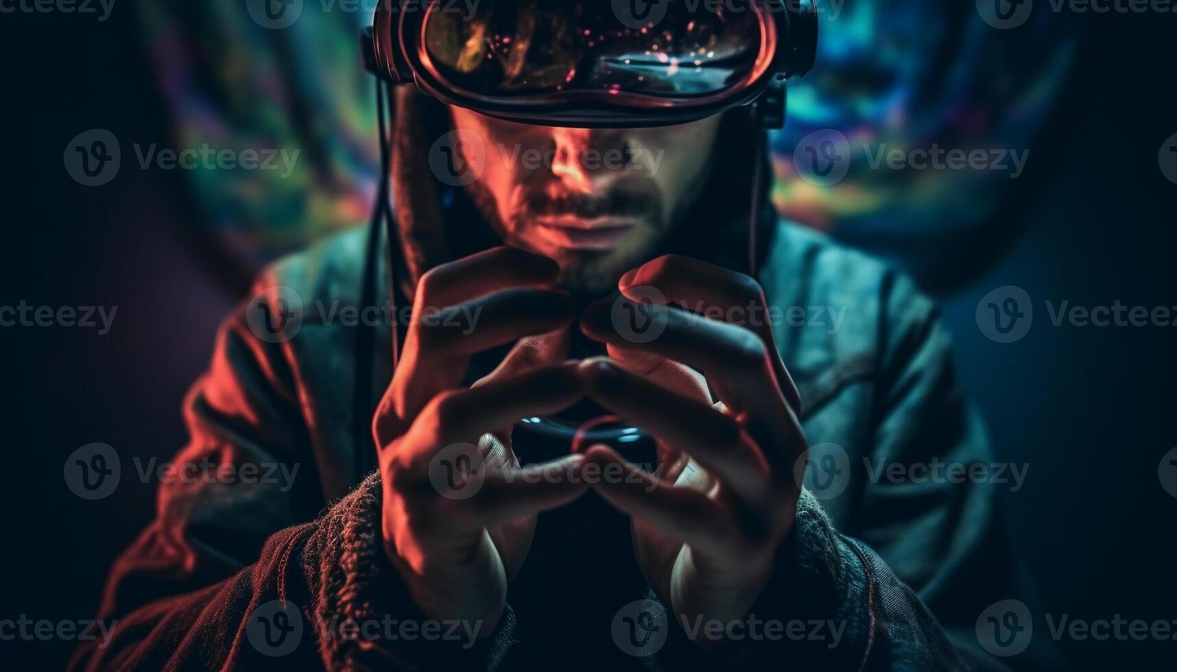 Males and females playing virtual reality games indoors generated by AI photo