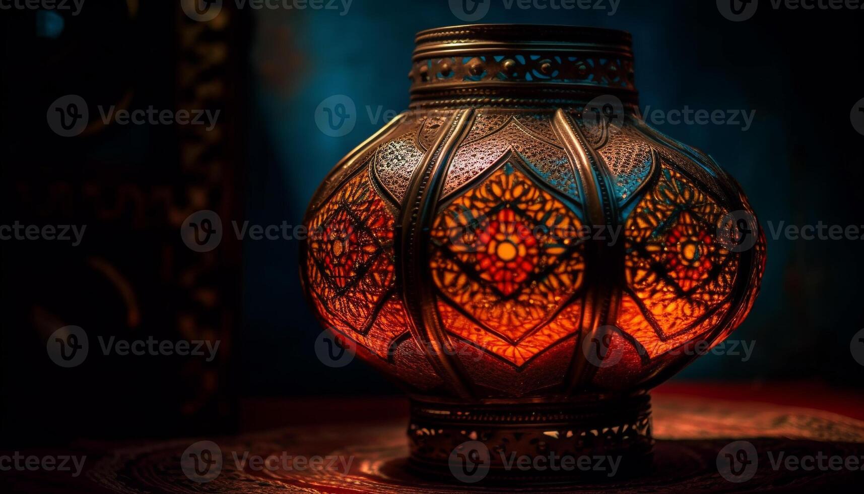 Antique lantern illuminated with multi colored electric lamp generated by AI photo