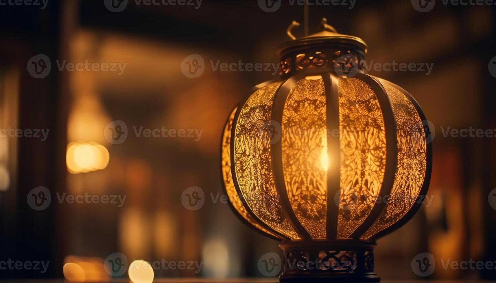 Glowing lantern hangs in ornate glass chandelier generated by AI photo