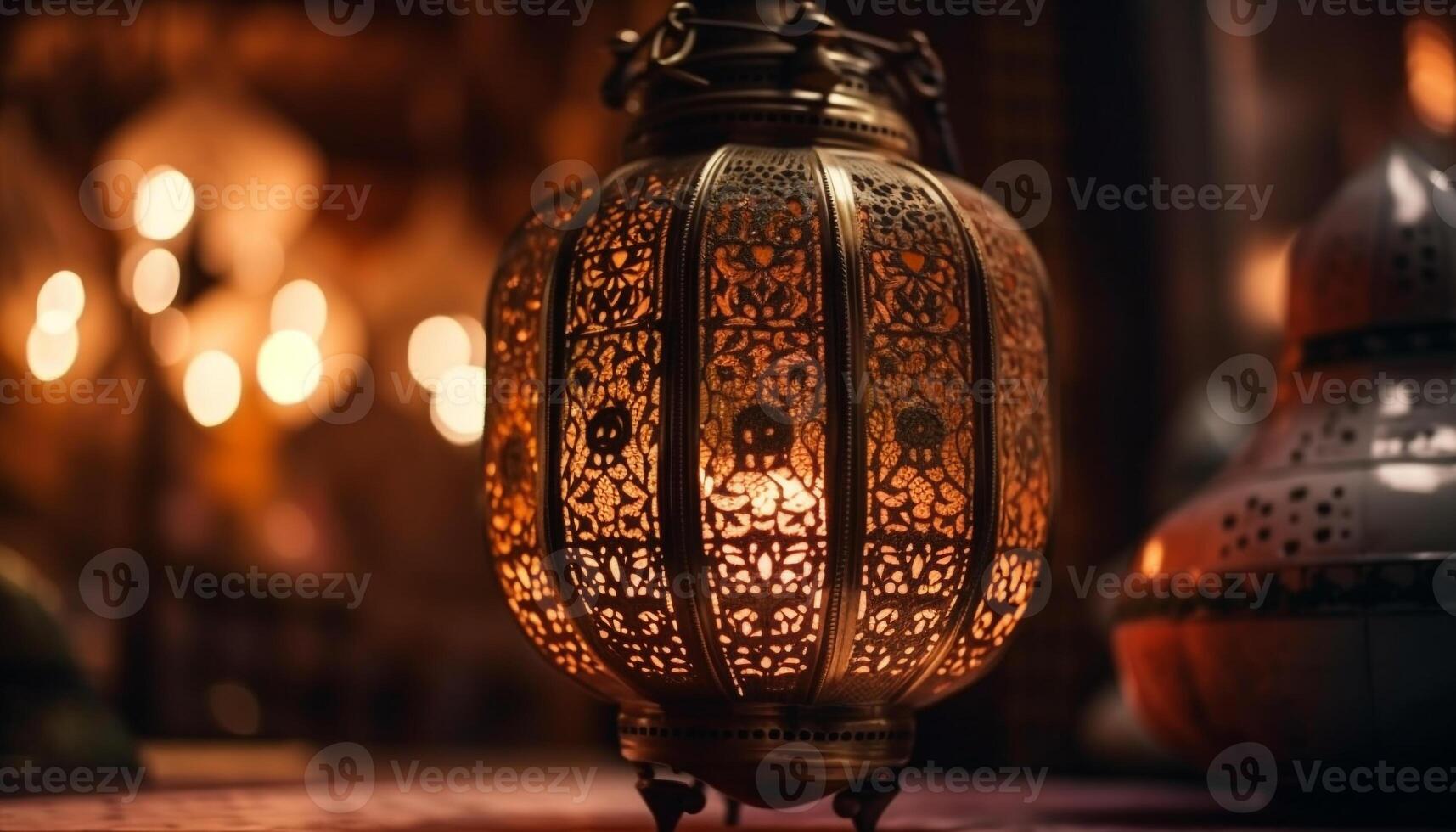 Glowing lantern adorned with ornate Arabic style generated by AI photo