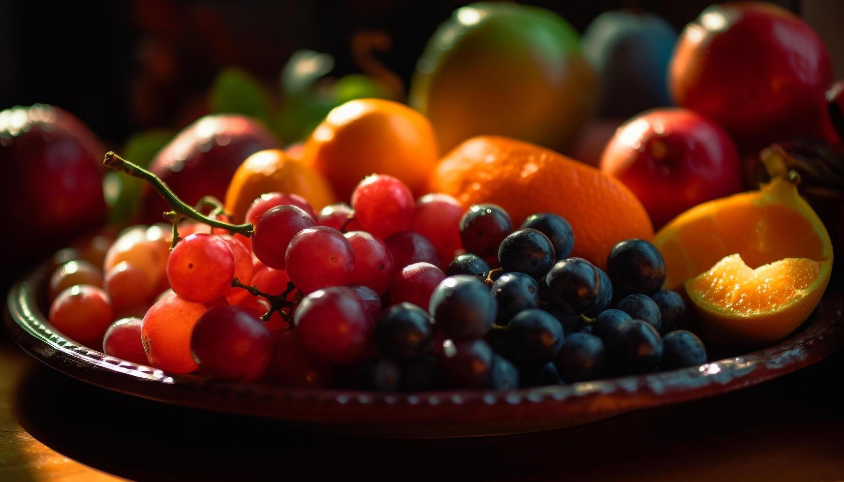 Juicy, ripe fruits on wooden table foreground generated by AI photo