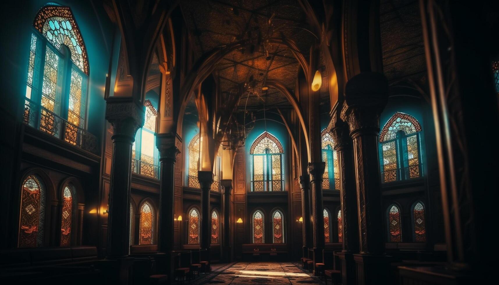 manchado vaso ventana ilumina antiguo gótico arquitectura generado por ai foto