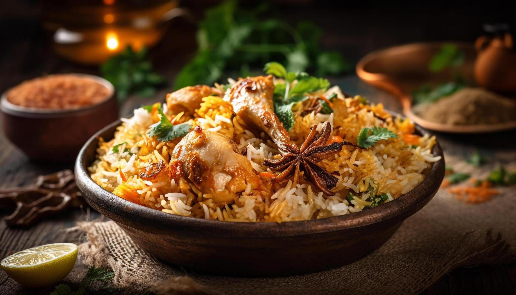 Gourmet chicken biryani with steamed basmati rice generated by AI photo