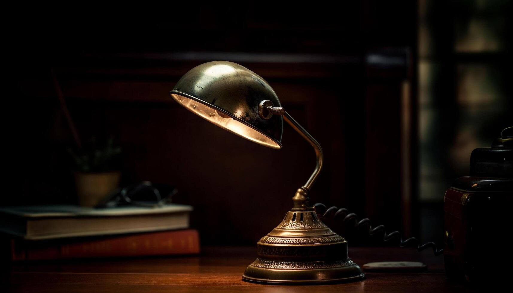 Antique table lamp illuminates old fashioned library books generated by AI photo