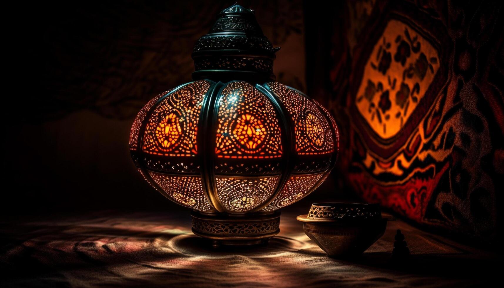 Ornate lantern glows in ancient window pattern generated by AI photo