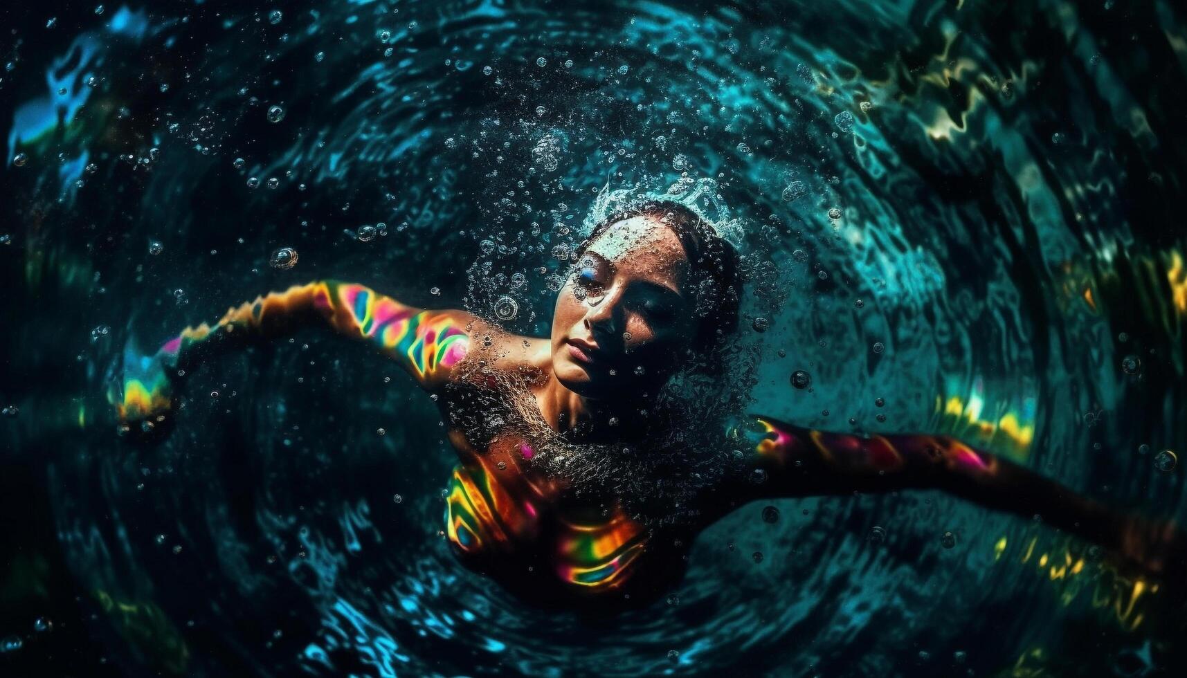 Smiling women in blue swimwear enjoy underwater adventure generated by AI photo