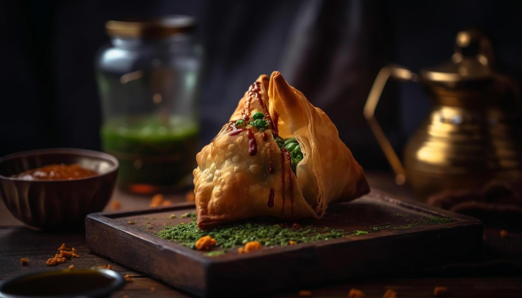 Gourmet meal of stuffed beef, vegetables, and samosas generated by AI photo