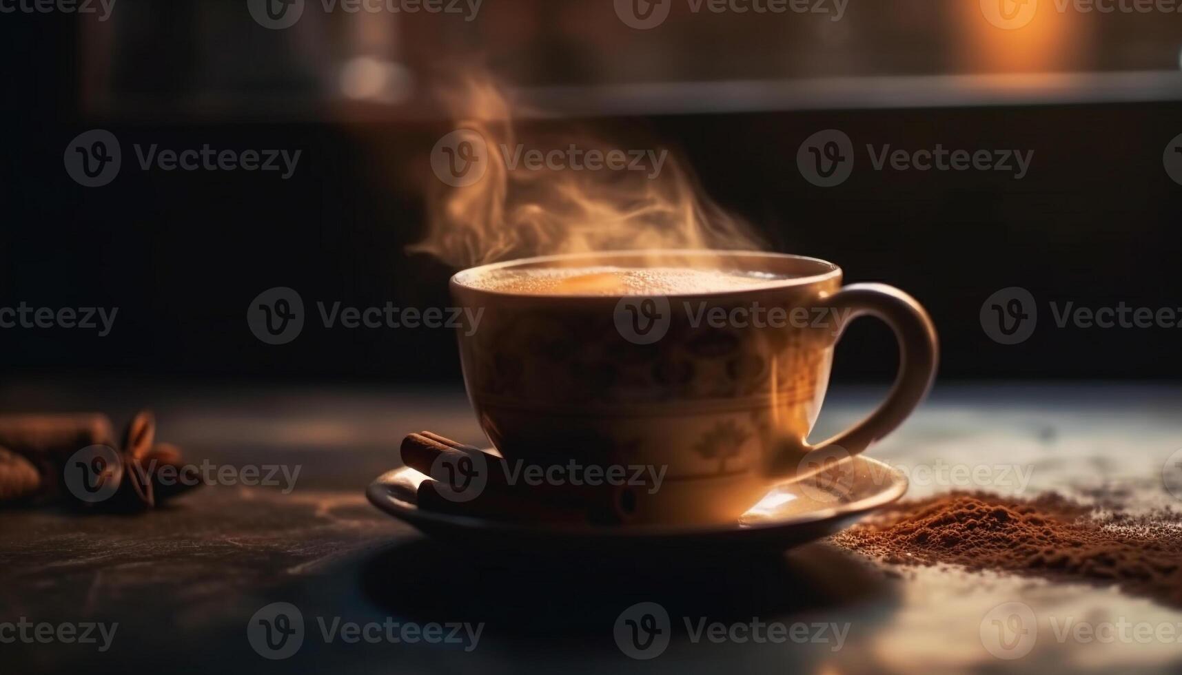 lleno de vapor negro café en rústico de madera jarra generado por ai foto