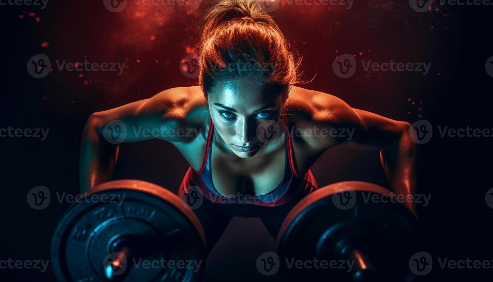 Muscular woman picking up weights exudes sensuality generated by AI photo