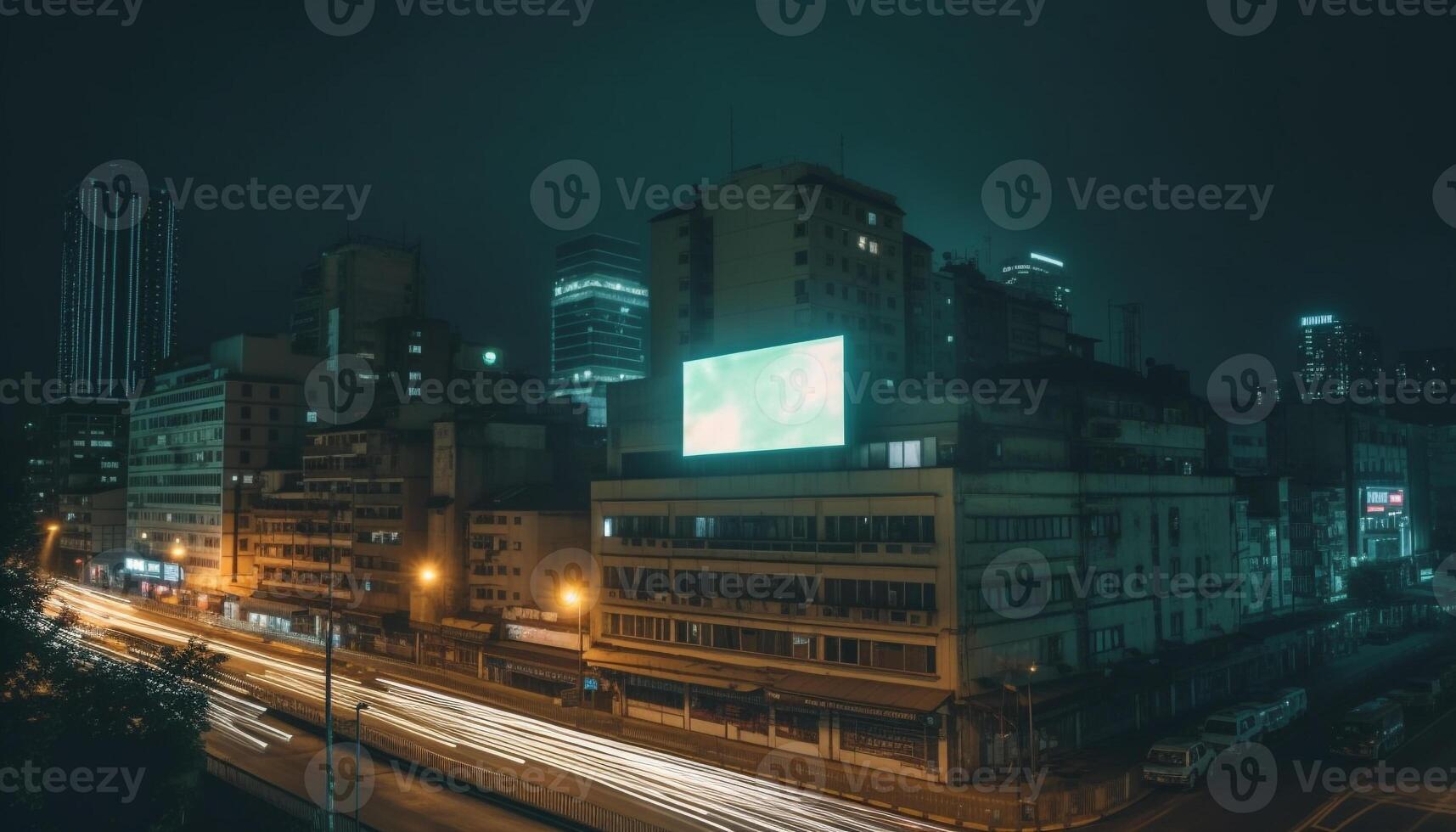 City skyline glows in blurred motion blur generated by AI photo