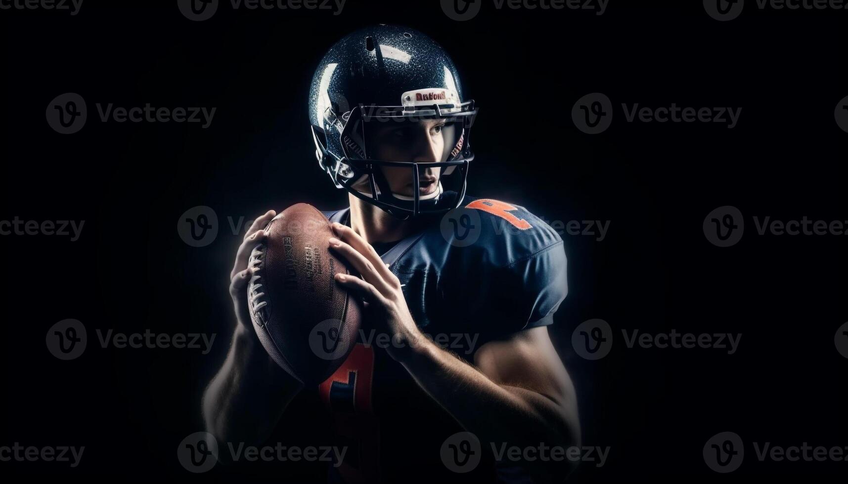 competitivo atleta vistiendo fútbol americano casco, en pie con confianza generado por ai foto