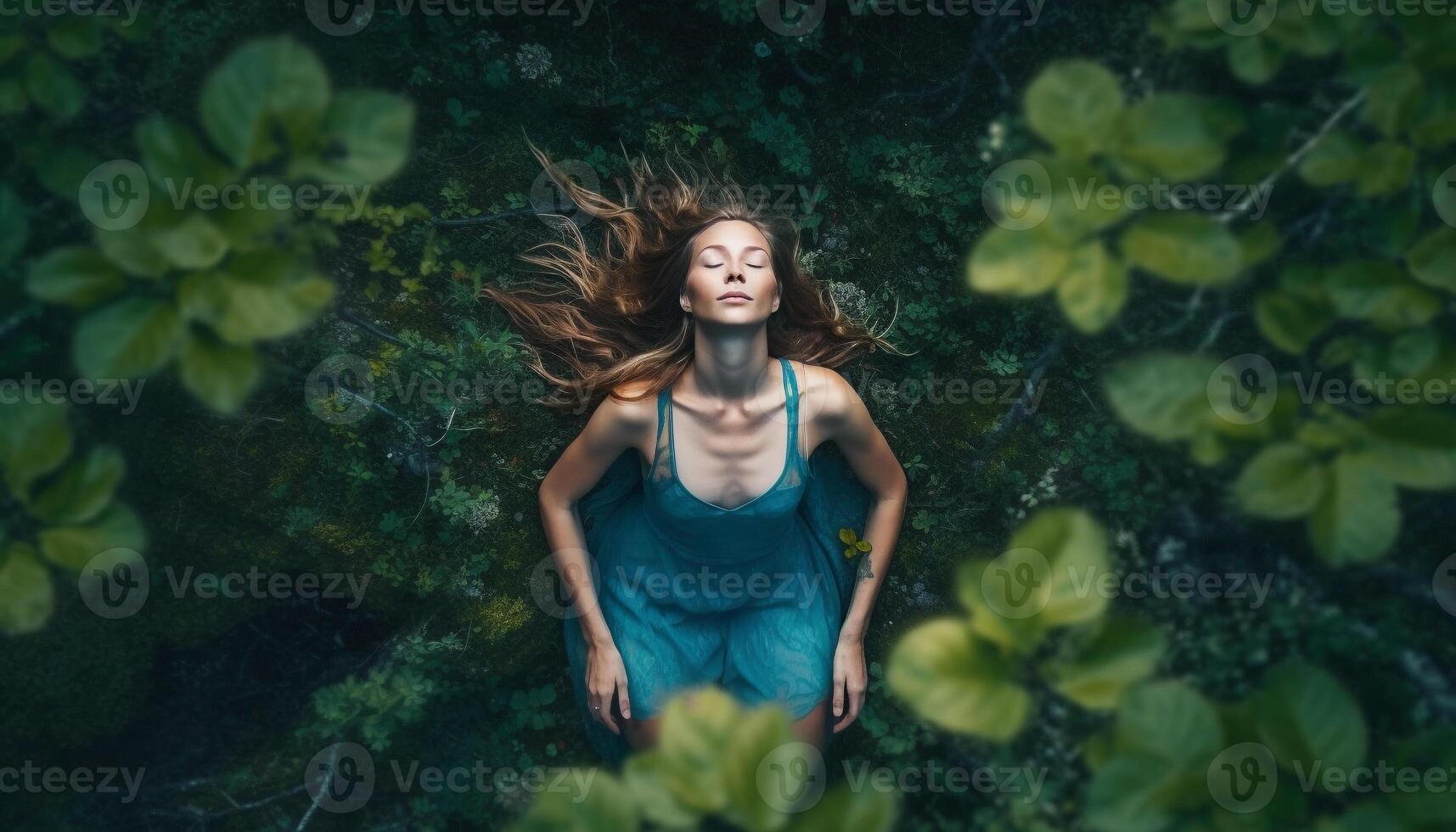 One young woman smiling, enjoying nature beauty generated by AI photo