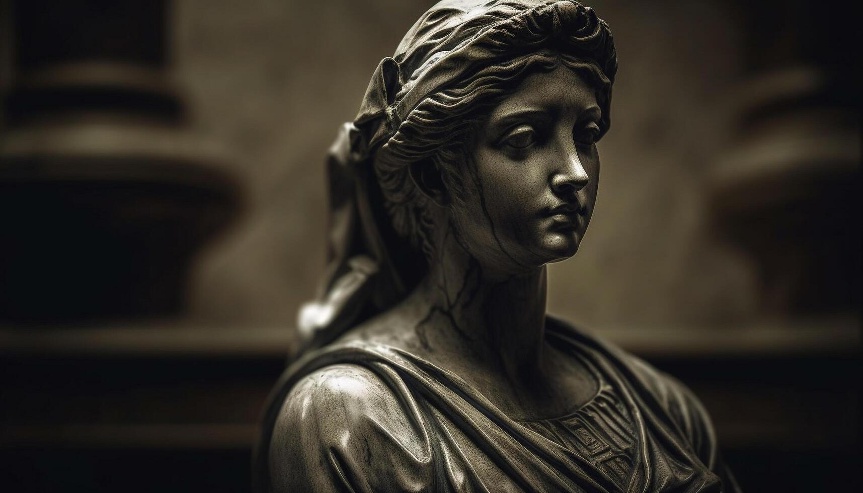 Sorrowful woman praying at ancient tomb monument generated by AI photo