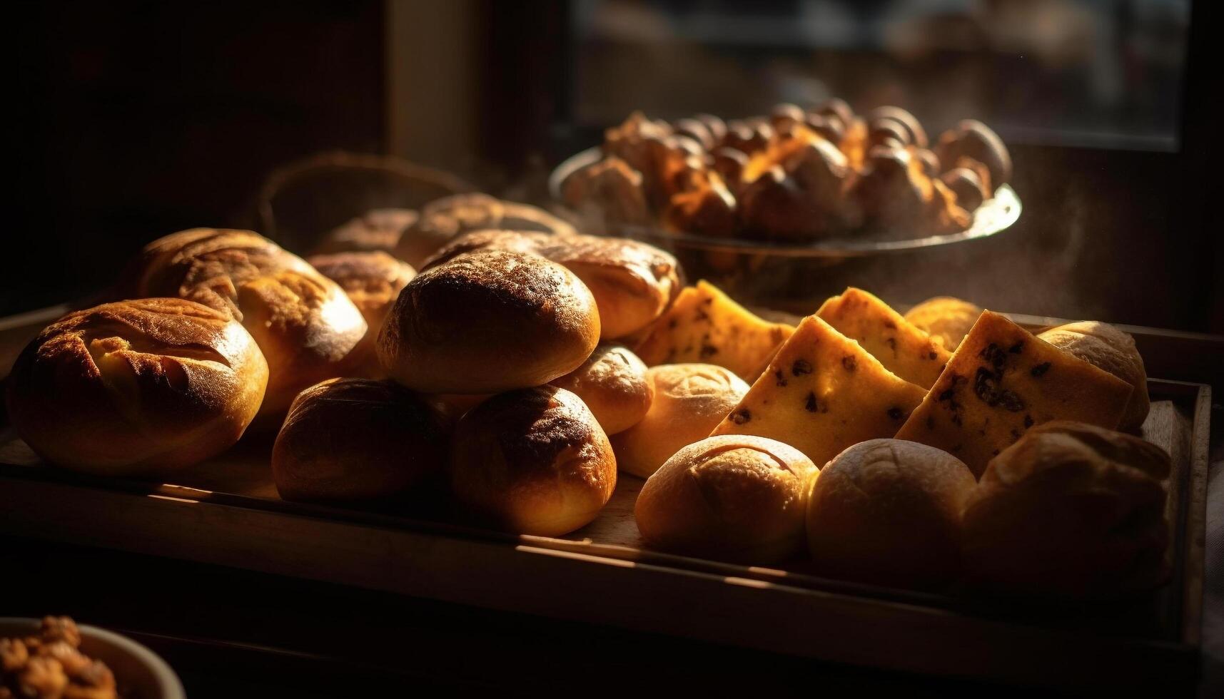Freshly baked bread, baguette, and muffin indulgence generated by AI photo