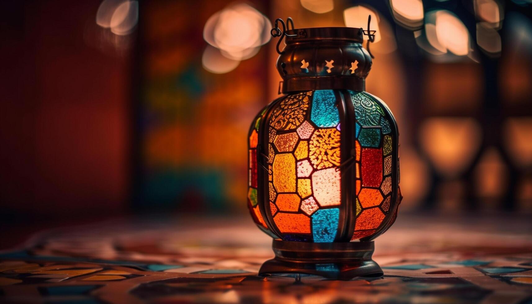 Ramadan lantern glowing with abstract colors indoors generated by AI photo