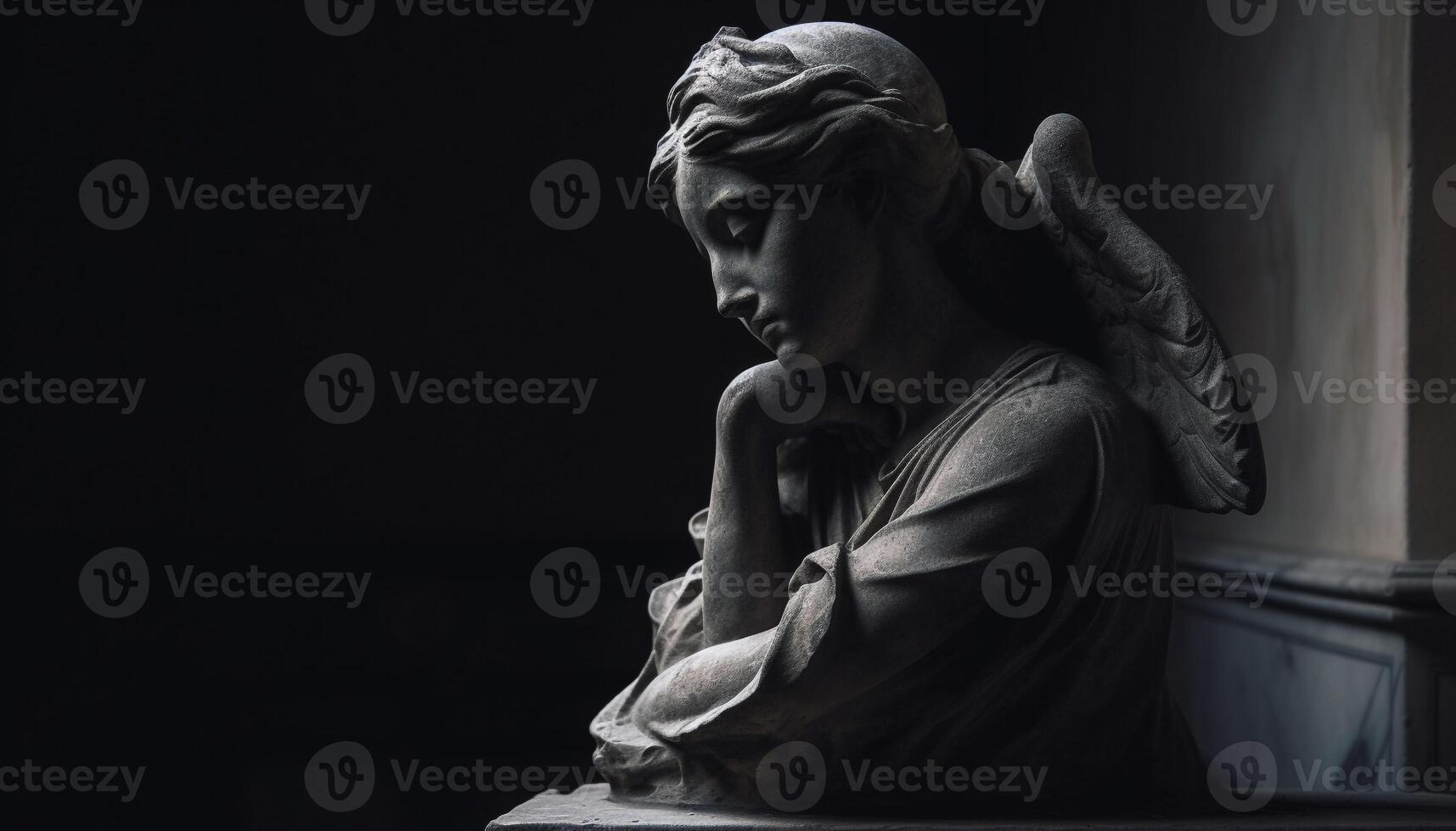Sad mourner prays before marble tombstone statue generated by AI photo