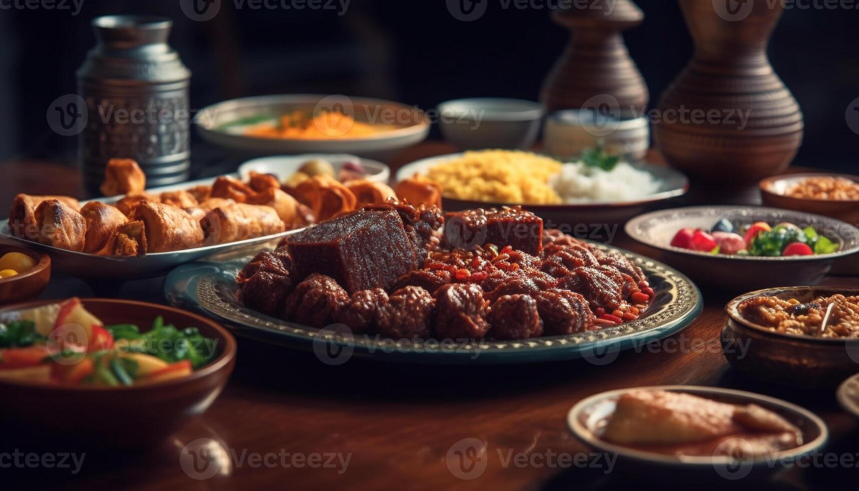 Grilled beef steak and vegetables on plate generated by AI photo