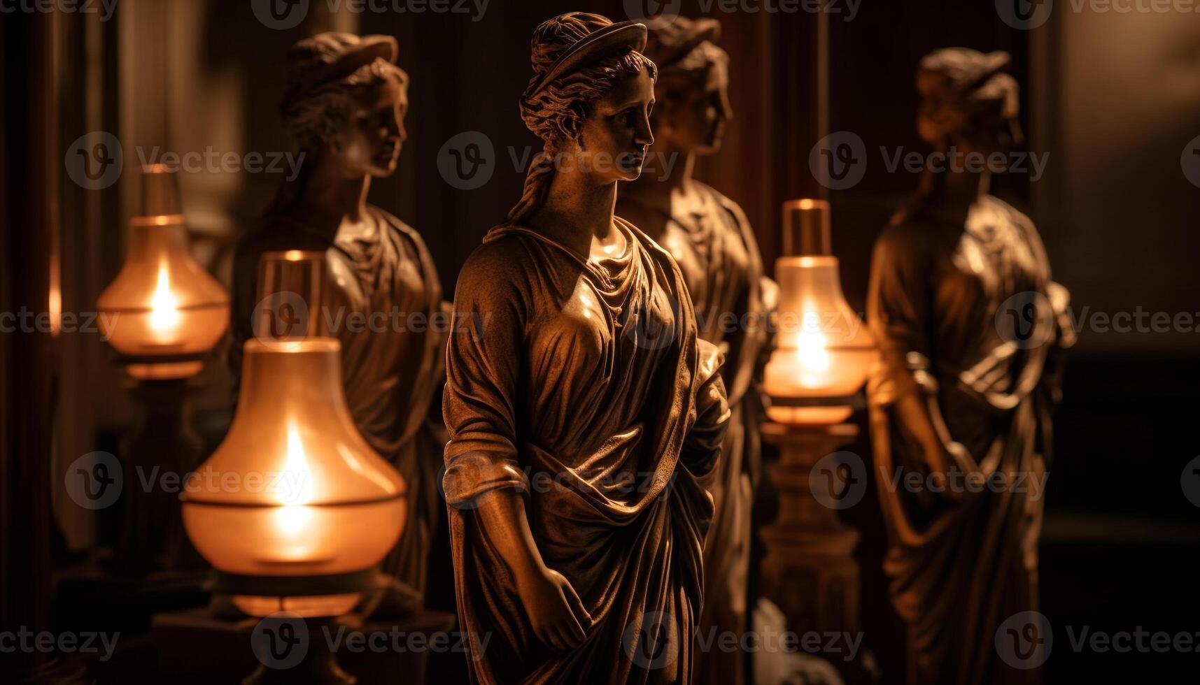 Men standing before illuminated statue, praying for peace generated by AI photo