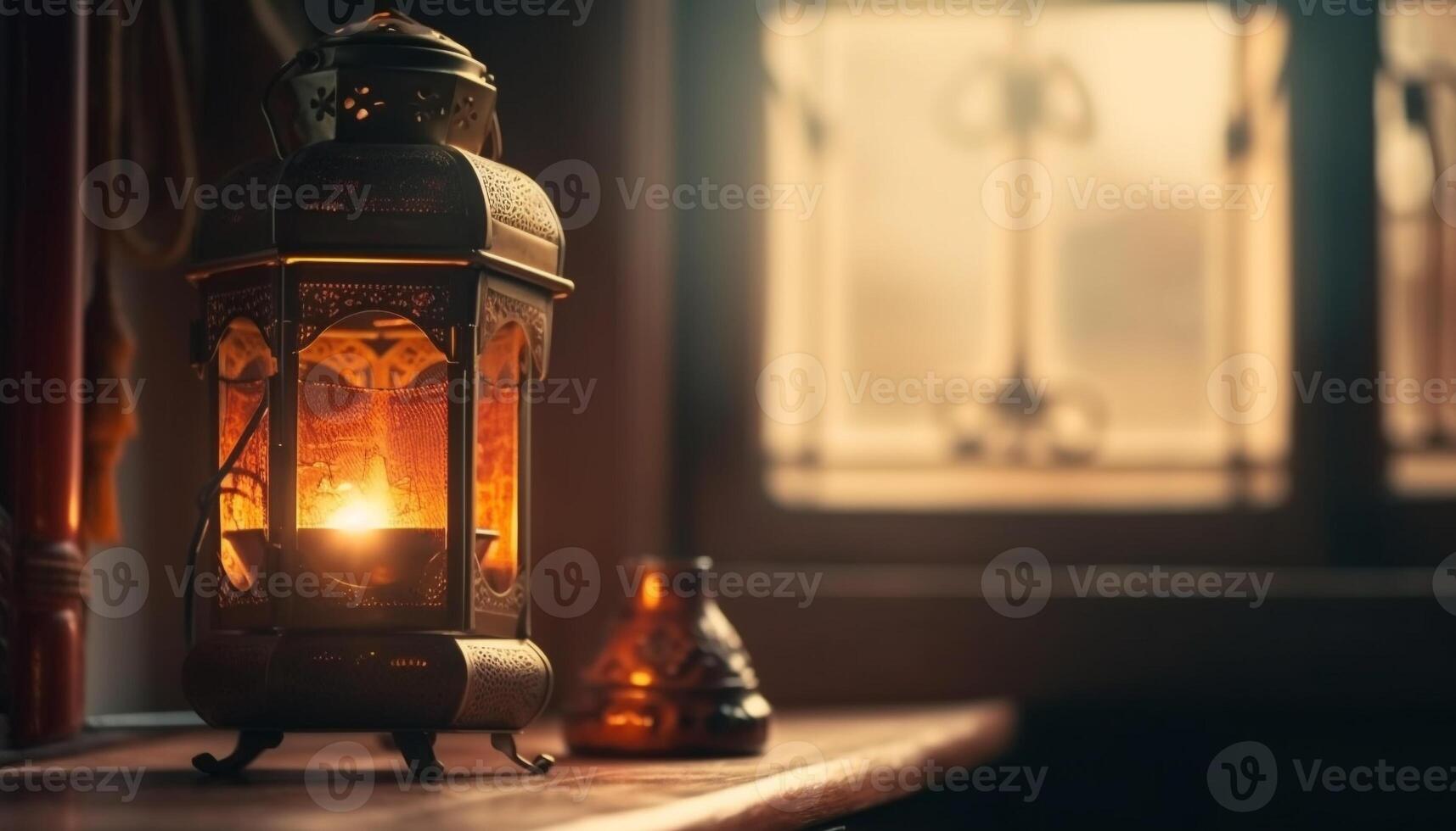 Antique lantern illuminated rustic table with candlelight glow generated by AI photo