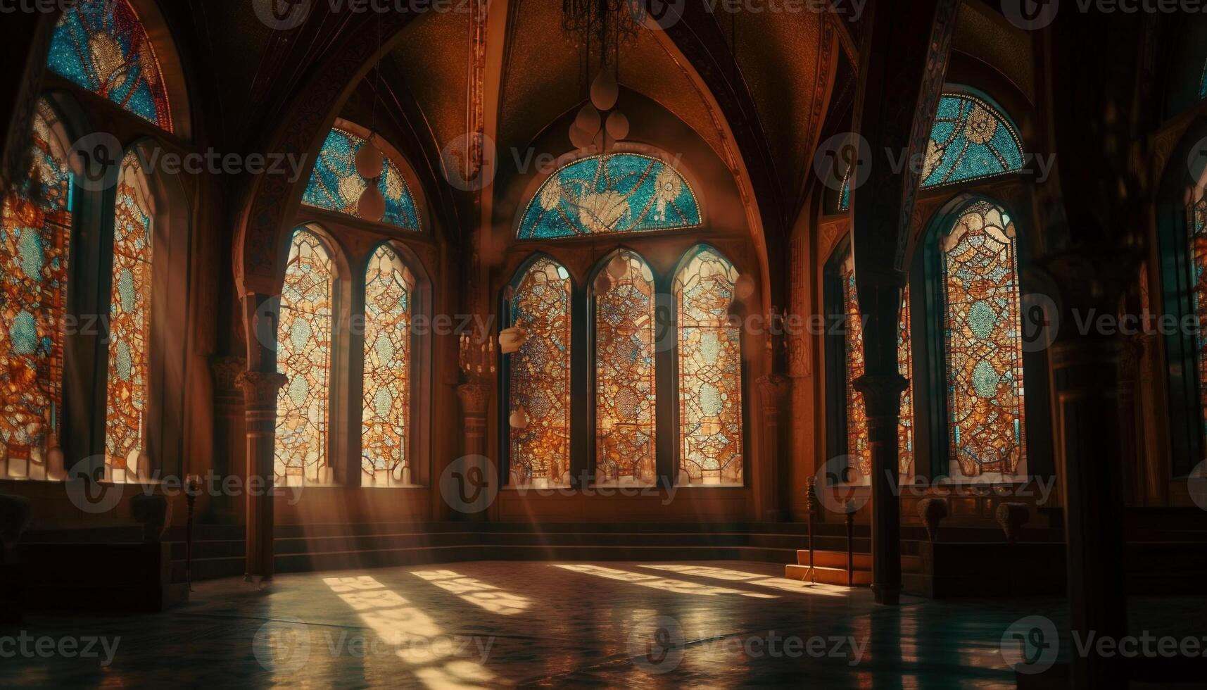 Inside Gothic abbey, stained glass windows illuminate spirituality generated by AI photo