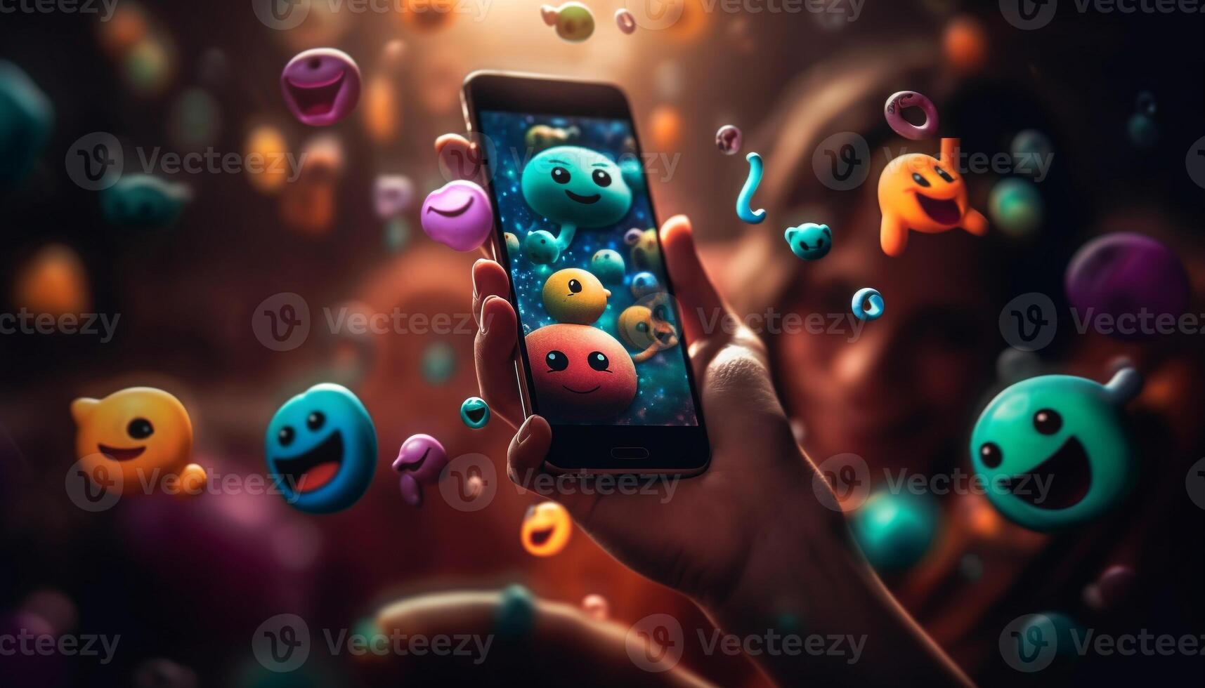 Cute cartoon animals play on glowing smart phone generated by AI photo