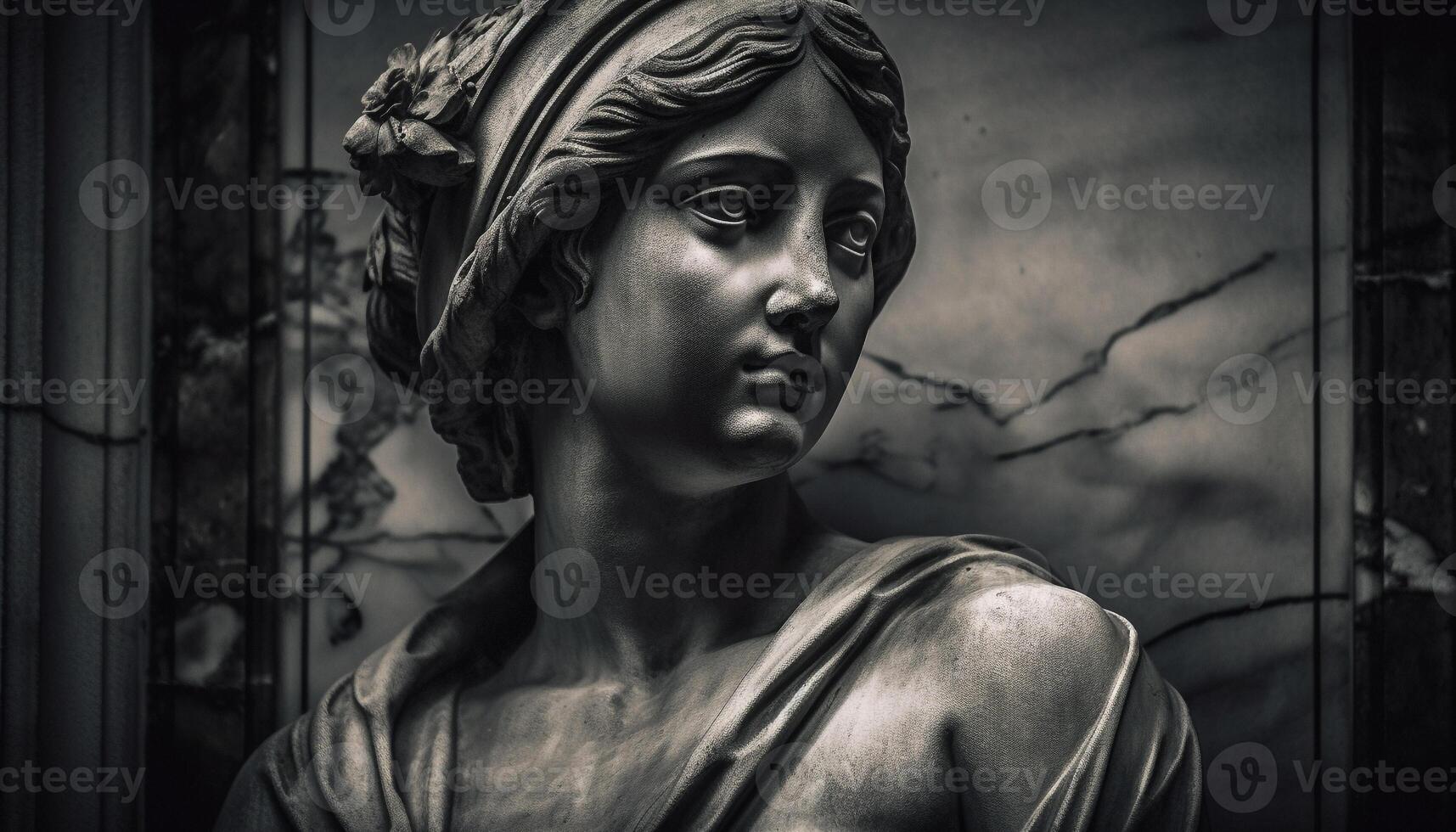 Sadness and grief on old statue face generated by AI photo