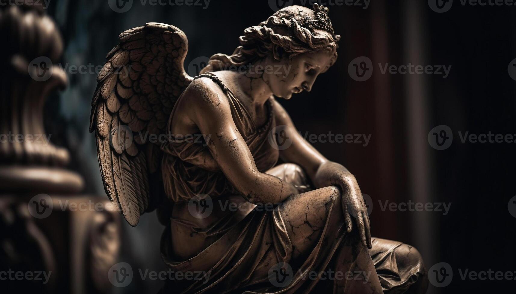 Praying men sit by old tombstone in grief generated by AI photo