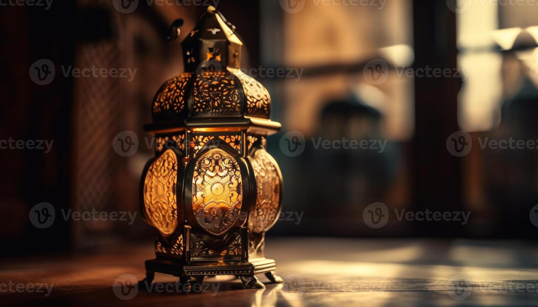 Ornate lantern illuminates old Arabic style decoration generated by AI photo