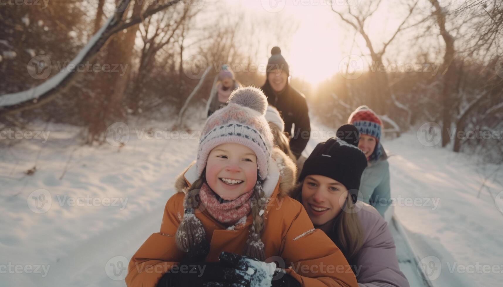 Caucasian family smiles and plays in snow generated by AI photo