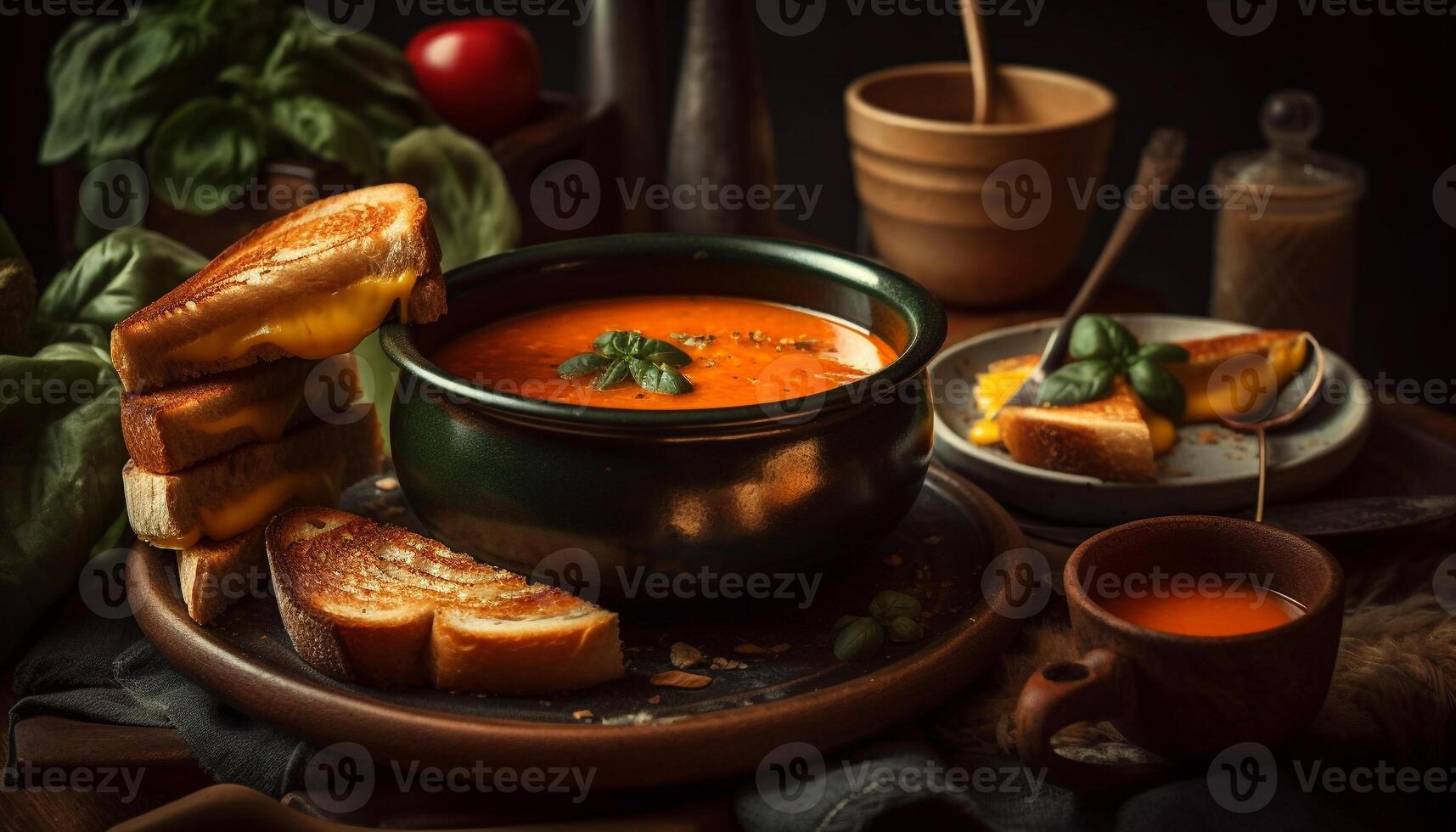 rústico mesa con Fresco vegetal sopa hirviendo generado por ai foto