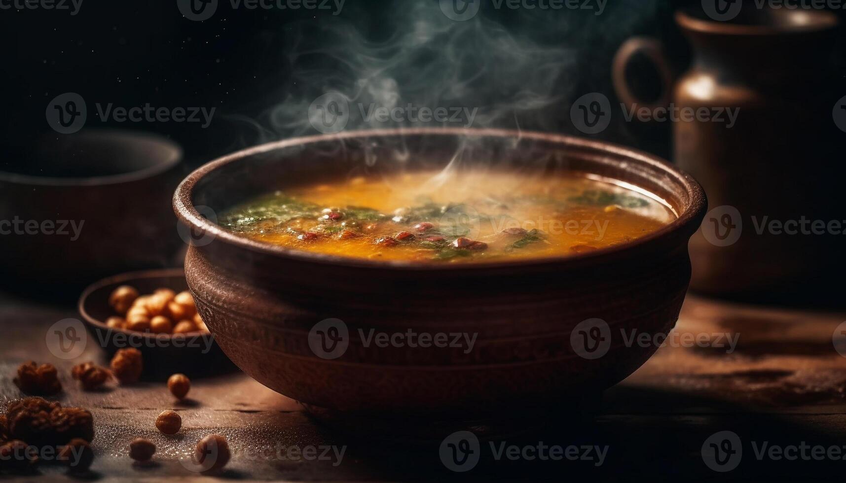 Rustic wood table holds homemade vegetable stew generated by AI photo
