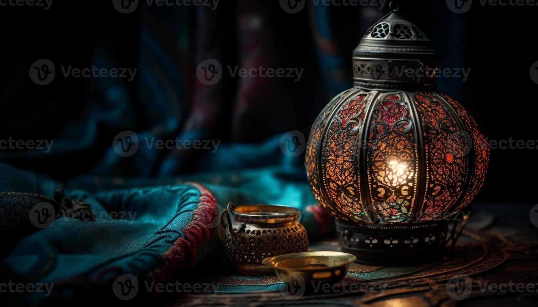 Antique lantern illuminates traditional Arabic home decoration generated by AI photo