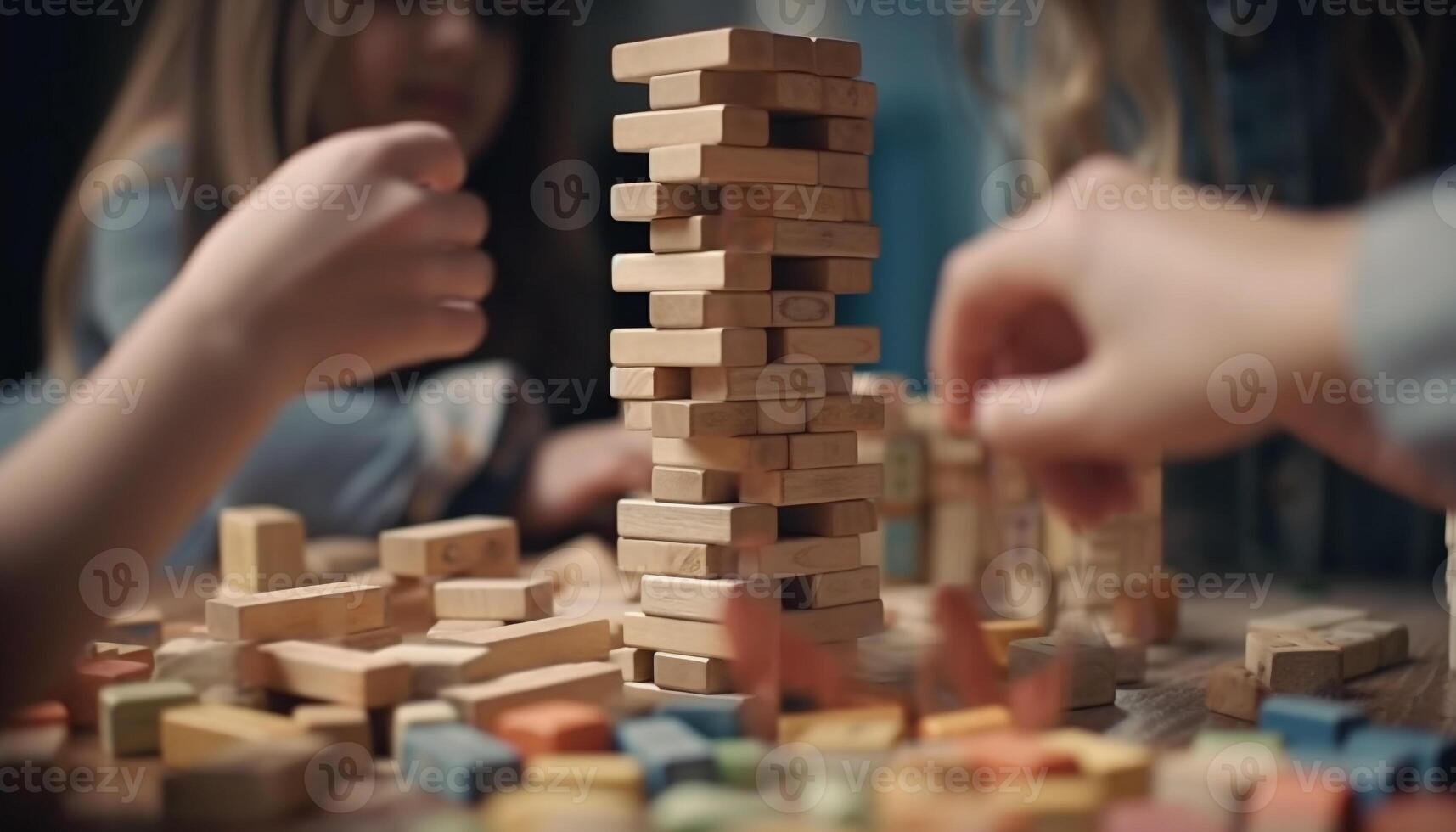 Creative children constructing toy blocks together for fun generated by AI photo