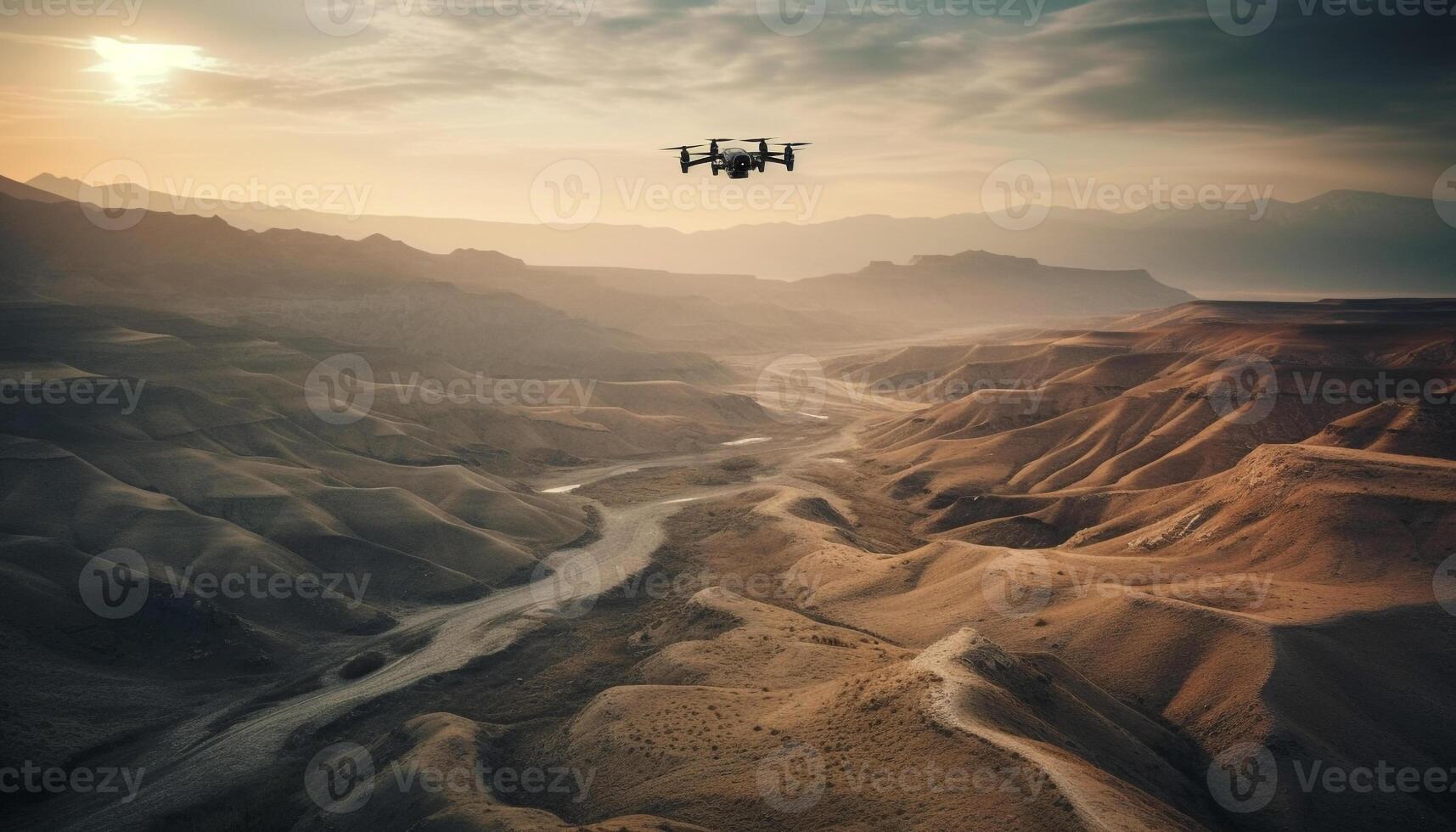 Flying drone captures panoramic mountain landscape at sunrise generated by AI photo