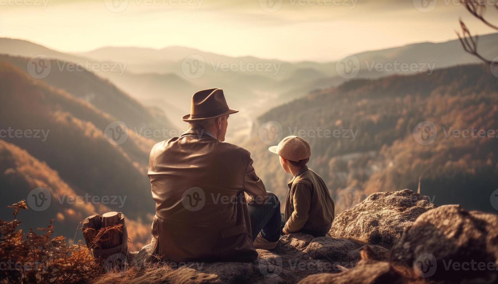 padre y hijo abarcar, acecho amanecer juntos generado por ai foto
