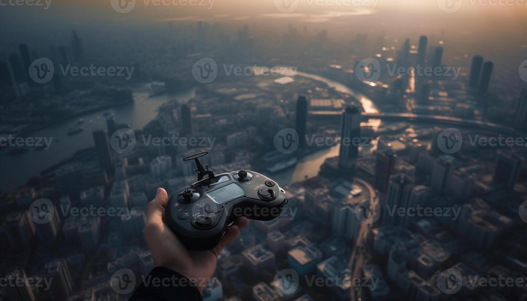 Photographer hand captures financial district skyline generated by AI photo