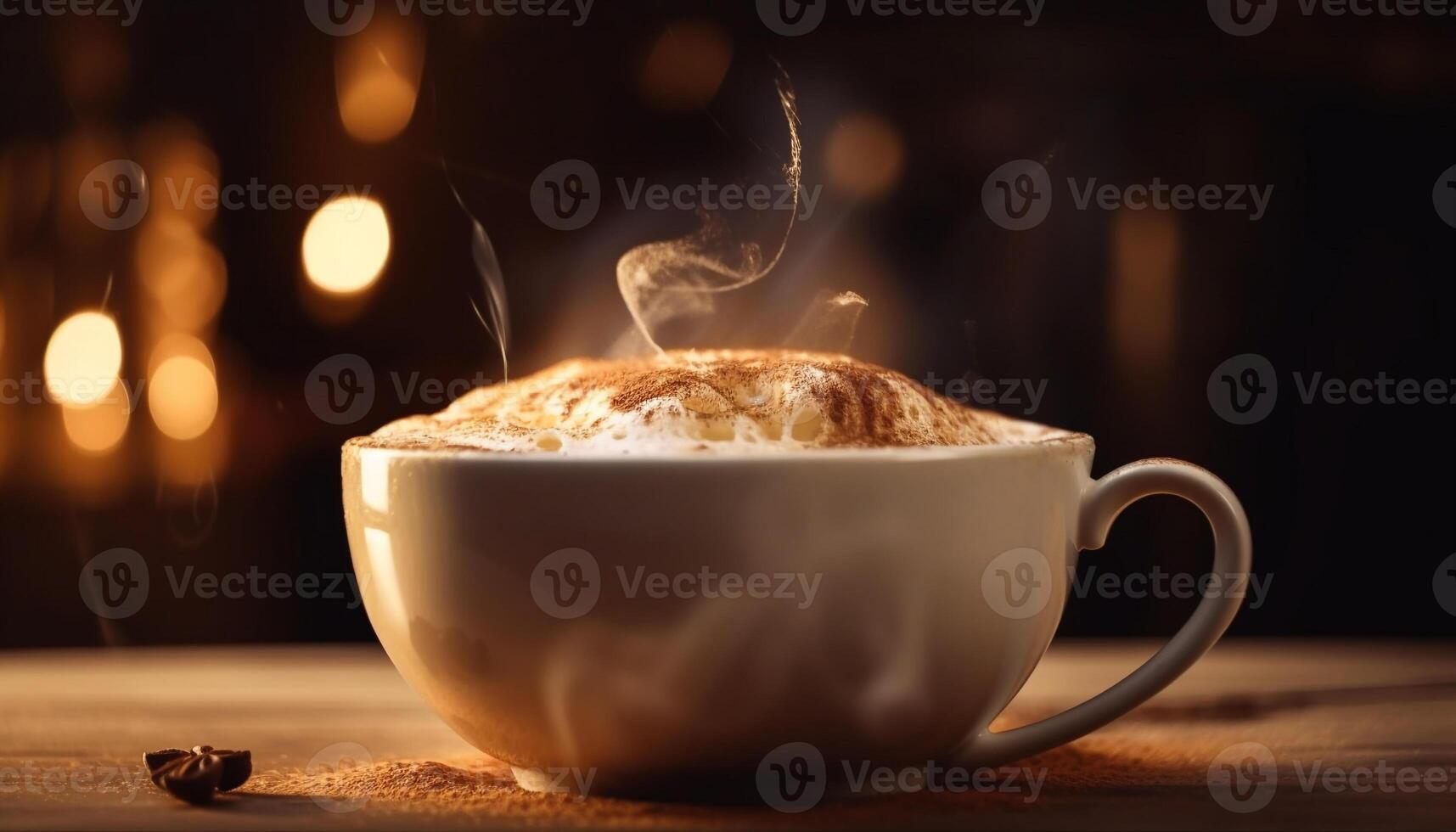 caliente café taza en de madera mesa con vapor generado por ai foto