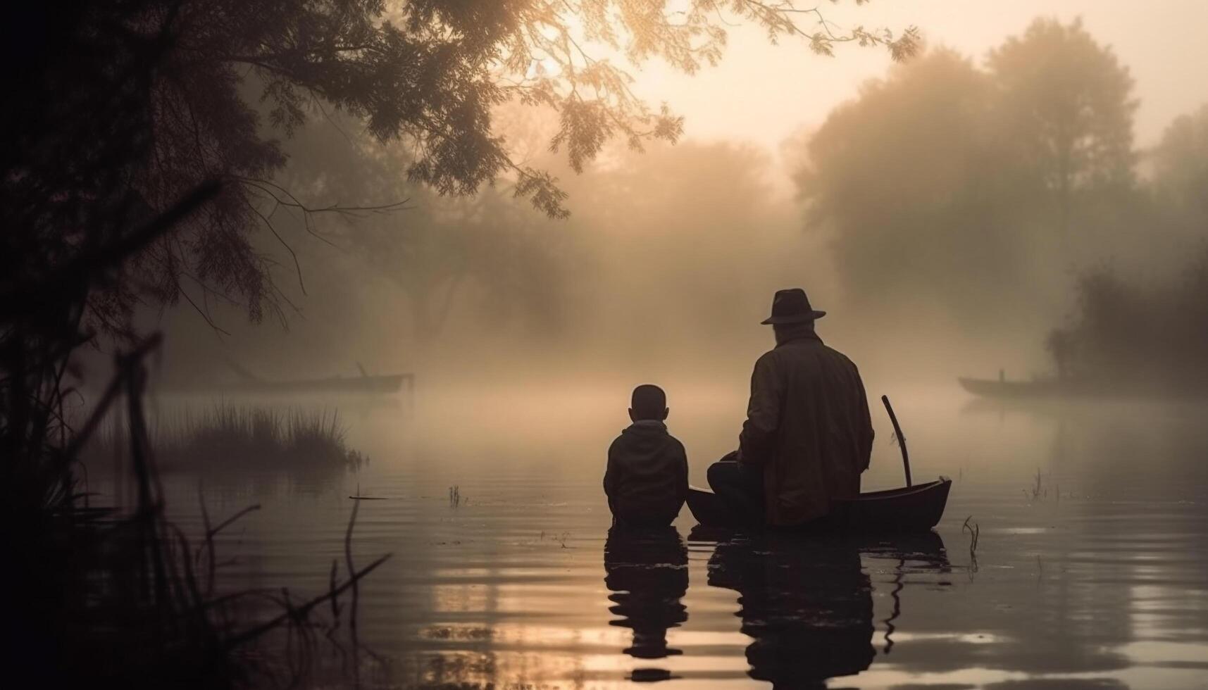 Solitude in nature men fishing at dusk generated by AI photo