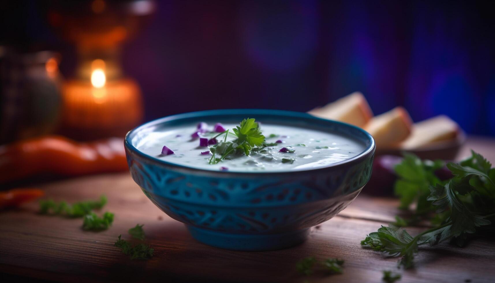 Vegetarian soup garnished with cilantro on wood table generated by AI photo