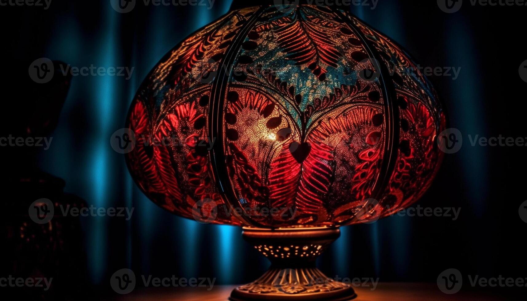 Illuminated lantern glows on ornate table decoration generated by AI photo