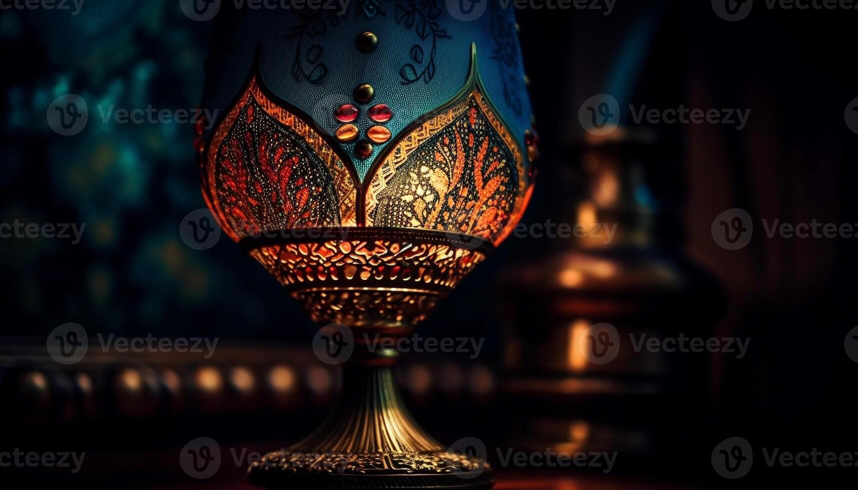 Antique lantern illuminates dark table in ornate celebration generated by AI photo